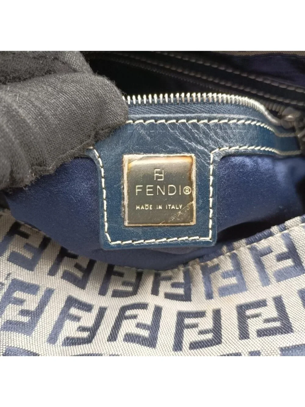 Fendi Mamma Bucket Zucchino Pattern Navy Gray Canvas Leather Shoulder